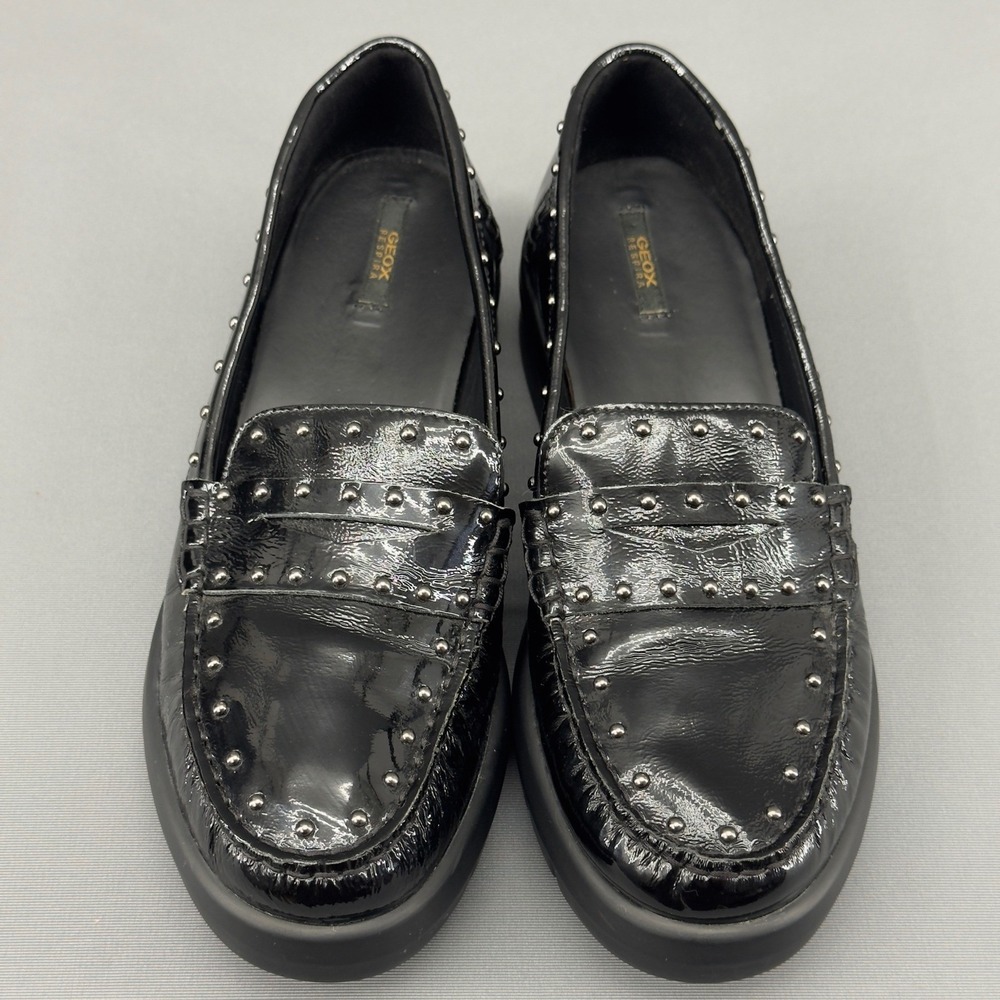 Geox‎ D Wimbley Black Patent Studded Moc Loafer Flats Women's Size 9.5US 40EU